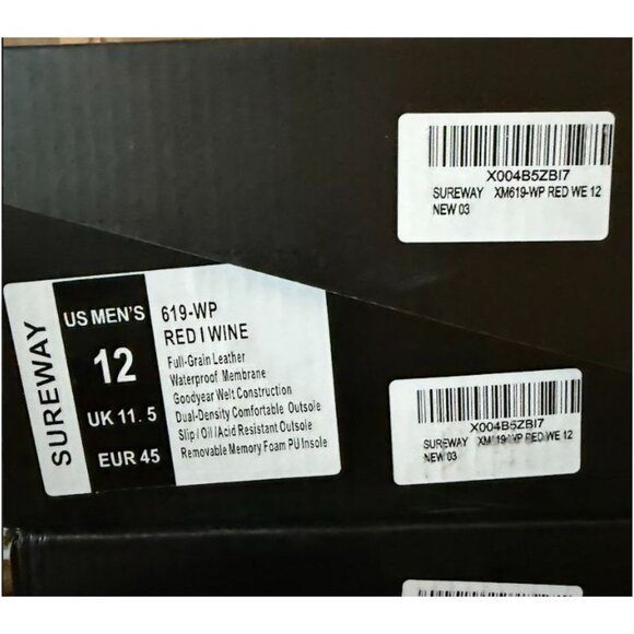 SUREWAY Heavy Duty Soft Toe Full Grain Leather Work Boots Red Wine Size 12 NEW